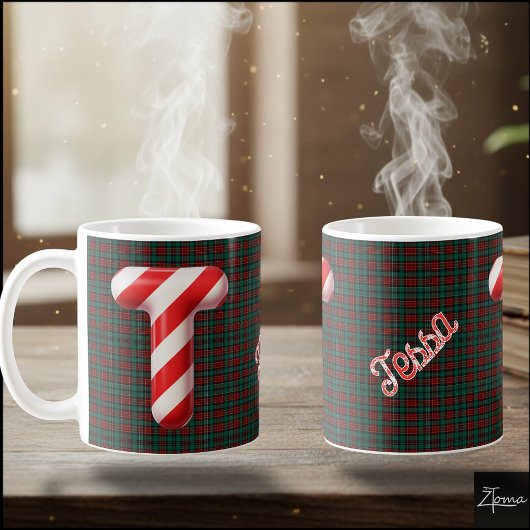 Glossy Candy Cane Striped Christmas Letter T コーヒーマグカップ