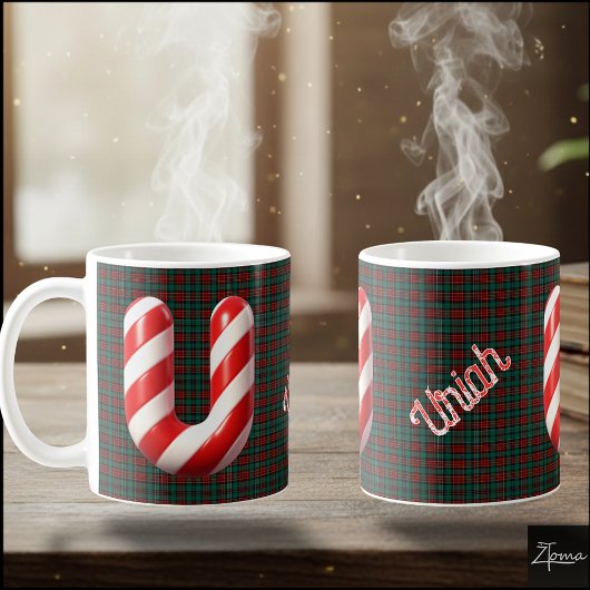 Glossy Candy Cane Striped Christmas Letter U コーヒーマグカップ