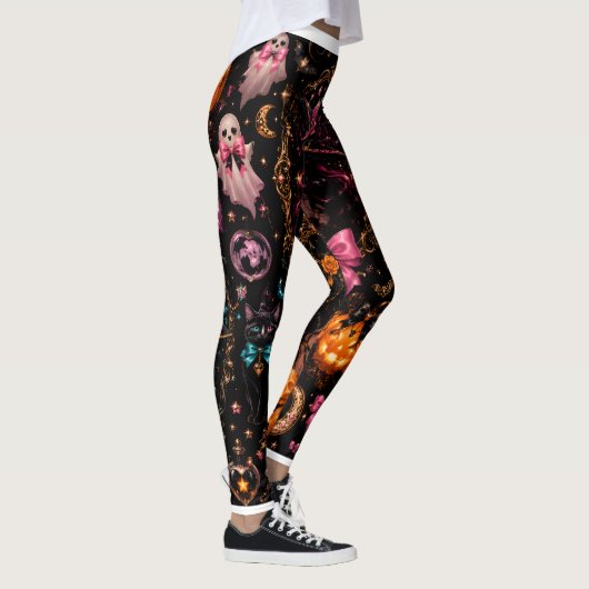 Glossy Coquette Witch Halloween Pattern Leggings レギンス (右)