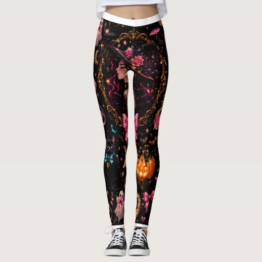 Glossy Coquette Witch Halloween Pattern Leggings レギンス (正面)