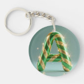 Glossy Green Gold Glitter Striped Letter A キーホルダー (正面)