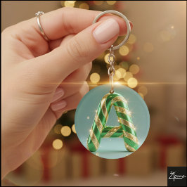 Glossy Green Gold Glitter Striped Letter A キーホルダー