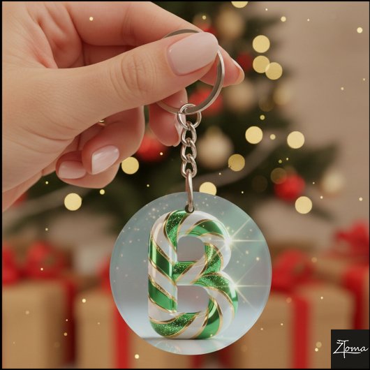 Glossy Green Gold Glitter Striped Letter B キーホルダー