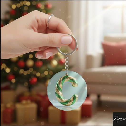 Glossy Green Gold Glitter Striped Letter C キーホルダー