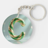 Glossy Green Gold Glitter Striped Letter C キーホルダー (裏面)