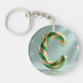 Glossy Green Gold Glitter Striped Letter C キーホルダー (正面)