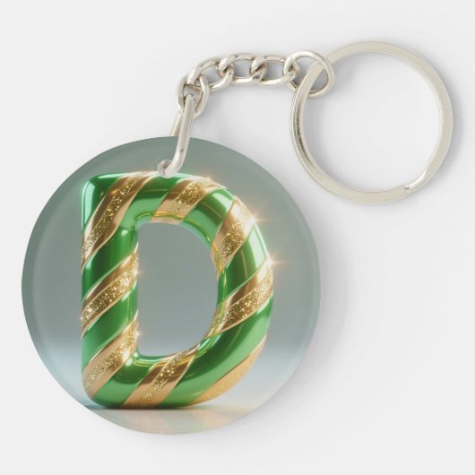 Glossy Green Gold Glitter Striped Letter D キーホルダー (裏面)