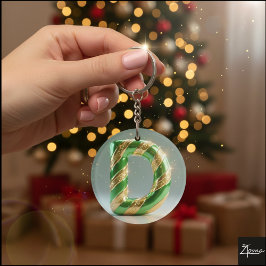 Glossy Green Gold Glitter Striped Letter D キーホルダー