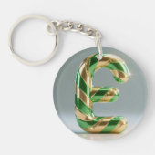 Glossy Green Gold Glitter Striped Letter E キーホルダー (正面)