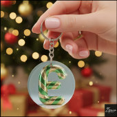 Glossy Green Gold Glitter Striped Letter E キーホルダー