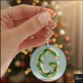 Glossy Green Gold Glitter Striped Letter G キーホルダー