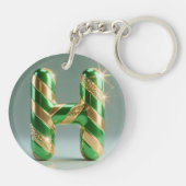 Glossy Green Gold Glitter Striped Letter H キーホルダー (裏面)