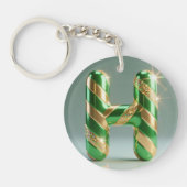 Glossy Green Gold Glitter Striped Letter H キーホルダー (正面)