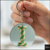 Glossy Green Gold Glitter Striped Letter I キーホルダー
