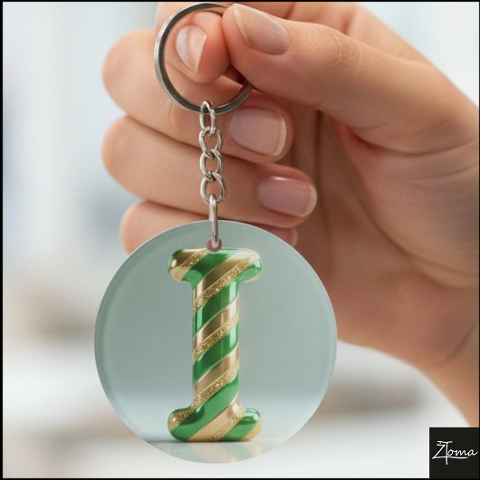 Glossy Green Gold Glitter Striped Letter I キーホルダー