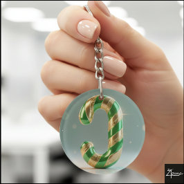 Glossy Green Gold Glitter Striped Letter J キーホルダー