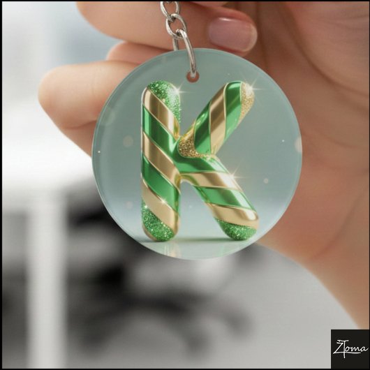 Glossy Green Gold Glitter Striped Letter K キーホルダー