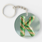 Glossy Green Gold Glitter Striped Letter K キーホルダー (正面)