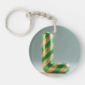 Glossy Green Gold Glitter Striped Letter L キーホルダー (正面)