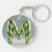 Glossy Green Gold Glitter Striped Letter M キーホルダー (裏面)