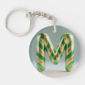 Glossy Green Gold Glitter Striped Letter M キーホルダー (正面)