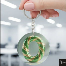 Glossy Green Gold Glitter Striped Letter O キーホルダー