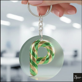 Glossy Green Gold Glitter Striped Letter P キーホルダー