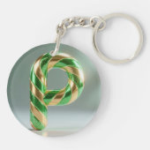Glossy Green Gold Glitter Striped Letter P キーホルダー (裏面)
