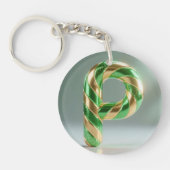 Glossy Green Gold Glitter Striped Letter P キーホルダー (正面)