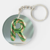 Glossy Green Gold Glitter Striped Letter R キーホルダー (裏面)