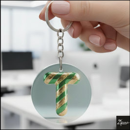 Glossy Green Gold Glitter Striped Letter T キーホルダー