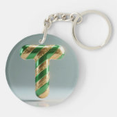 Glossy Green Gold Glitter Striped Letter T キーホルダー (裏面)