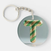 Glossy Green Gold Glitter Striped Letter T キーホルダー (正面)