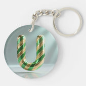 Glossy Green Gold Glitter Striped Letter U キーホルダー (裏面)
