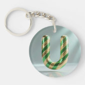 Glossy Green Gold Glitter Striped Letter U キーホルダー (正面)