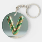 Glossy Green Gold Glitter Striped Letter V キーホルダー (裏面)