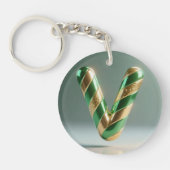 Glossy Green Gold Glitter Striped Letter V キーホルダー (正面)