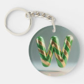 Glossy Green Gold Glitter Striped Letter W キーホルダー (正面)