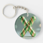 Glossy Green Gold Glitter Striped Letter X キーホルダー (正面)
