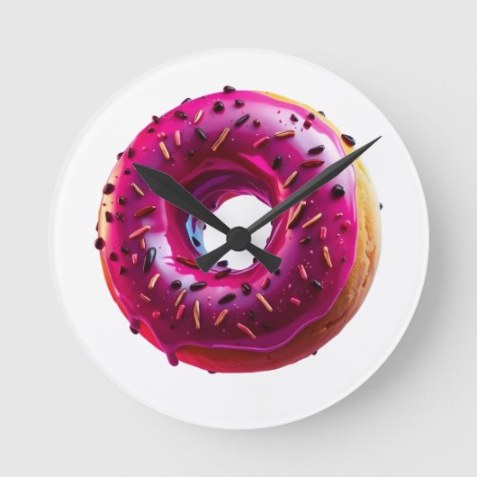 Glossy Pink Donut with Dark Sprinkles ラウンド壁時計 (正面)