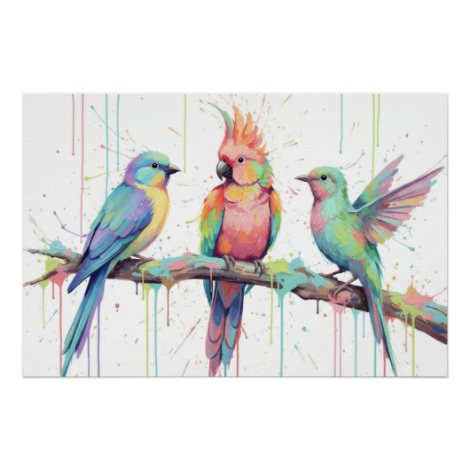 Glossy Poster of three pastel coloured birds ポスター (正面)