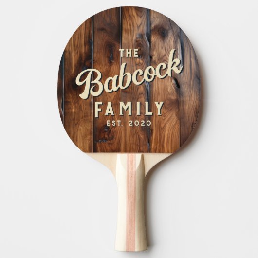 Glossy Stained Dark Wood Retro Family Name & Year 卓球ラケット (正面)