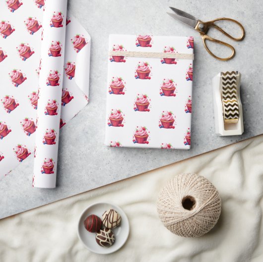 Glossy Wrapping Paper Pink Strawberry Cupcake ラッピングペーパー (クラフト)