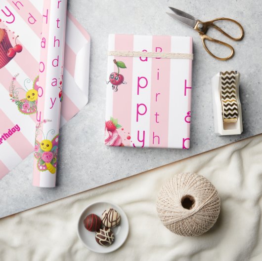 Glossy Wrapping Paper Pink & White Stripe Birthday ラッピングペーパー (クラフト)
