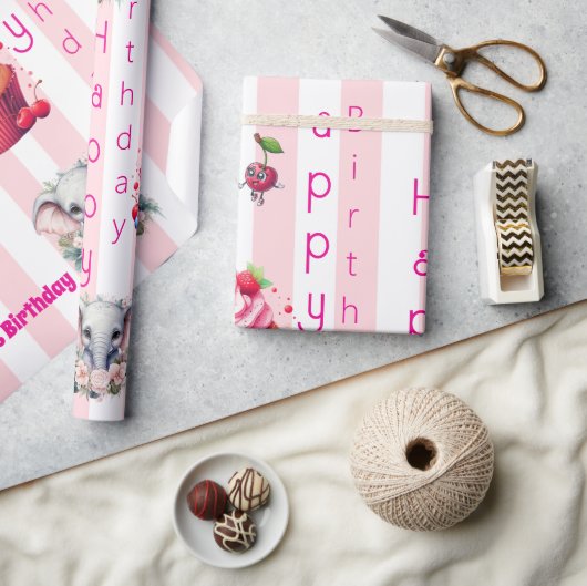 Glossy Wrapping Paper Pink & White Stripe Birthday ラッピングペーパー (クラフト)