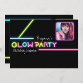 GLOWパーティーネオンフォトバースデーパーティーへの招待 招待状 (正面/裏面)