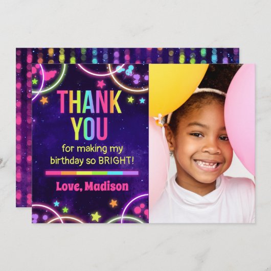 Glowパーティー誕生日サンキューカード（写真） 招待状 (正面/裏面)