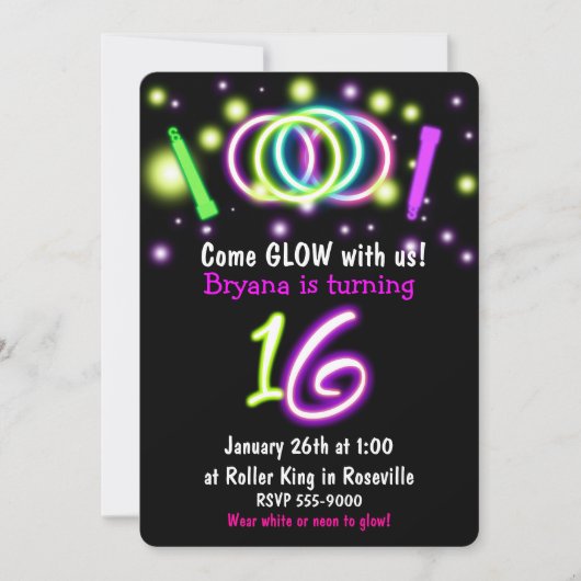 GLOW ライト 16歳の誕生日パーティー 16歳の招待状 招待状 (正面)