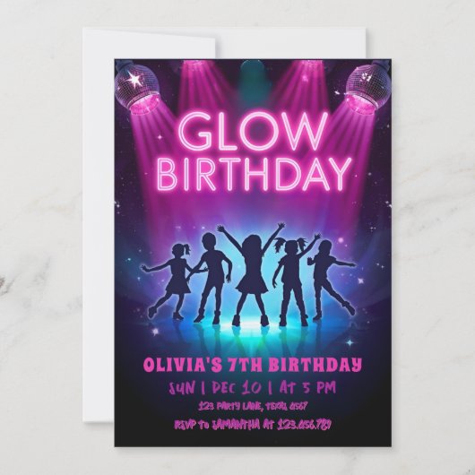 Glow Birthday Invitation | Neon Lights Dance Party 招待状 (正面)