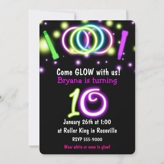 GLOW Lights 10th Birthday Party Age 10招待状 招待状 (正面)